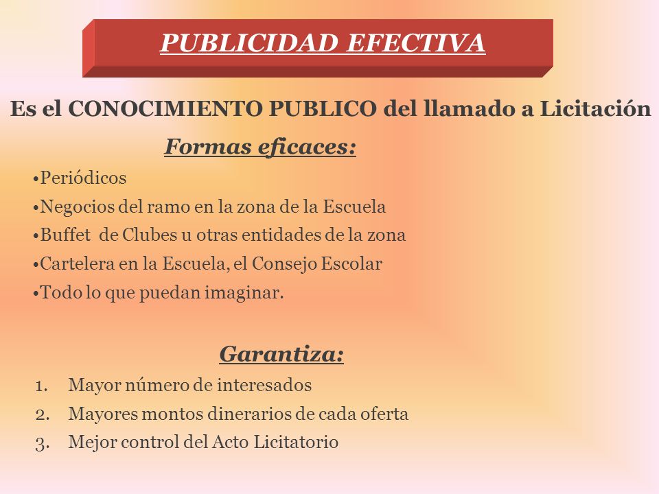 PUBLICIDAD EFECTIVA Es el CONOCIMIENTO PUBLICO del llamado a Licitación. Formas eficaces: Periódicos.