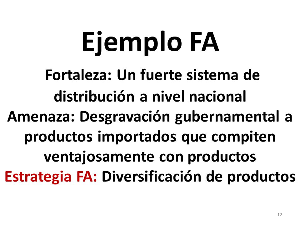 Ejemplo FA Fortaleza: Un fuerte sistema de distribución a nivel nacional Amenaza: Desgravación gubernamental a productos importados que compiten ventajosamente con productos Estrategia FA: Diversificación de productos