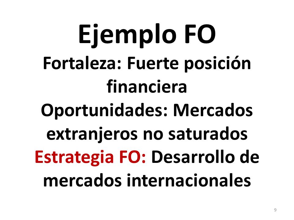 Ejemplo FO Fortaleza: Fuerte posición financiera Oportunidades: Mercados extranjeros no saturados Estrategia FO: Desarrollo de mercados internacionales