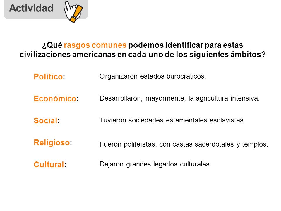 Actividad ¿Qué rasgos comunes podemos identificar para estas civilizaciones americanas en cada uno de los siguientes ámbitos