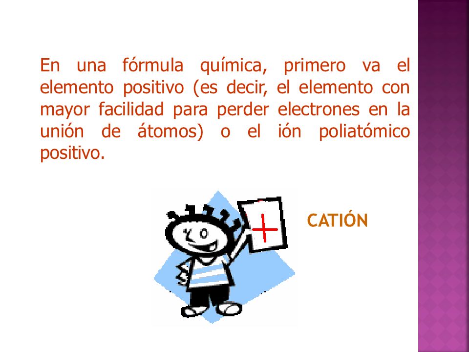 En una fórmula química, primero va el elemento positivo (es decir, el elemento con mayor facilidad para perder electrones en la unión de átomos) o el ión poliatómico positivo.
