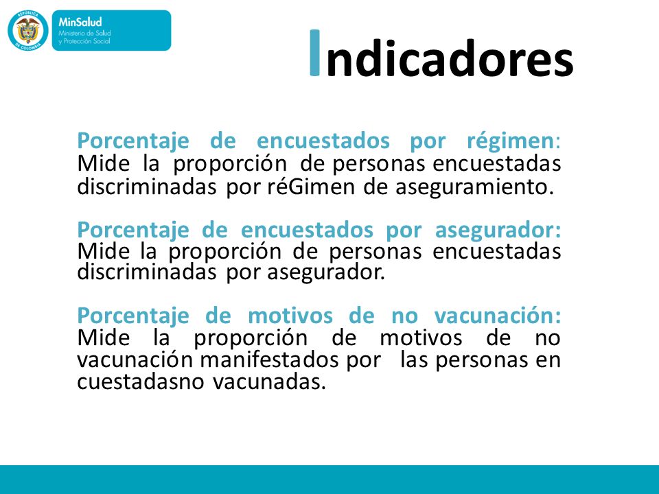 Indicadores Porcentaje de encuestados por régimen: Mide la proporción de personas encuestadas discriminadas por réGimen de aseguramiento.