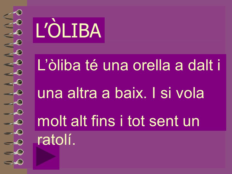 L’ÒLIBA L’òliba té una orella a dalt i una altra a baix. I si vola