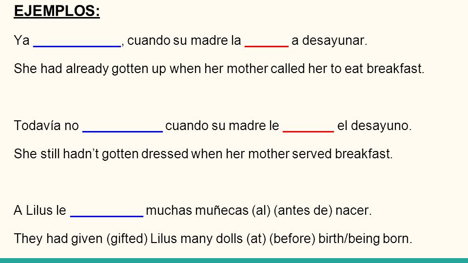 EJEMPLOS: Ya ____________, cuando su madre la ______ a desayunar.