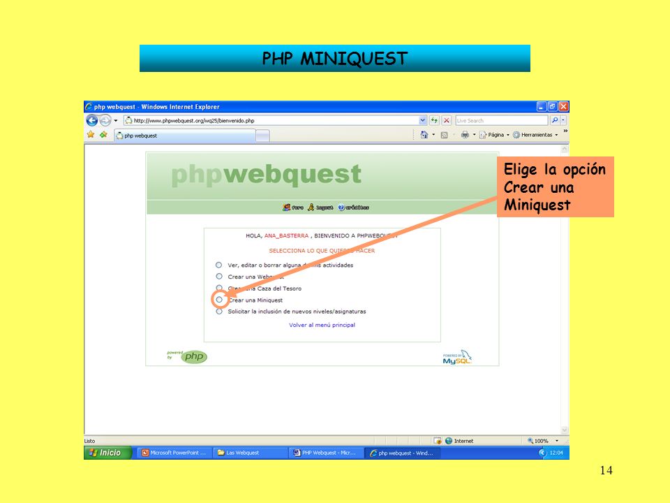 PHP MINIQUEST Elige la opción Crear una Miniquest