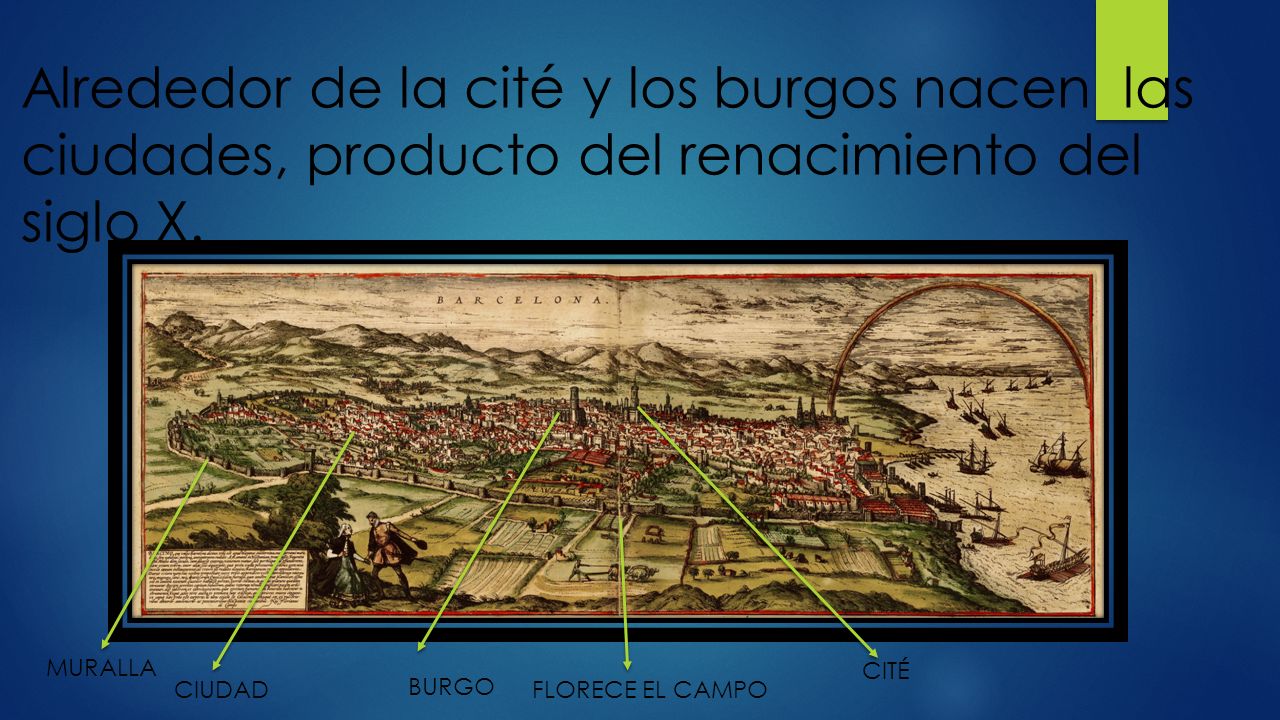 Alrededor de la cité y los burgos nacen las ciudades, producto del renacimiento del siglo X.