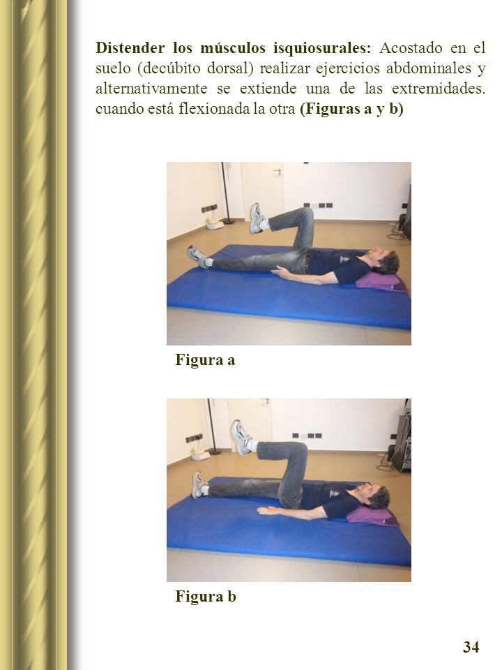 Distender los músculos isquiosurales: Acostado en el suelo (decúbito dorsal) realizar ejercicios abdominales y alternativamente se extiende una de las extremidades. cuando está flexionada la otra (Figuras a y b)