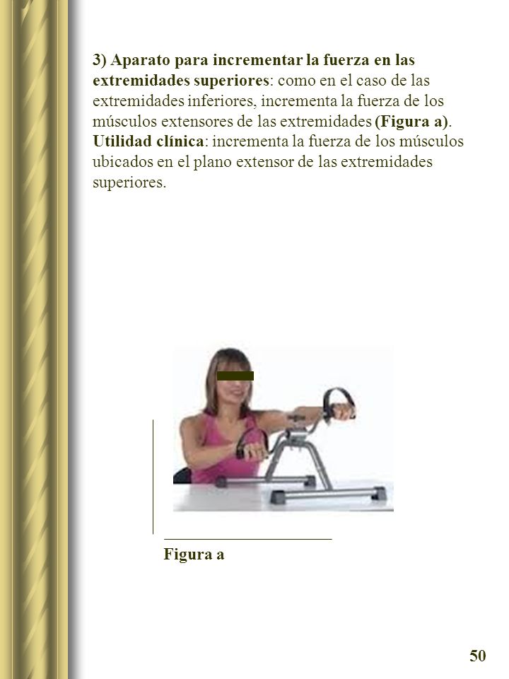 3) Aparato para incrementar la fuerza en las extremidades superiores: como en el caso de las extremidades inferiores, incrementa la fuerza de los músculos extensores de las extremidades (Figura a).