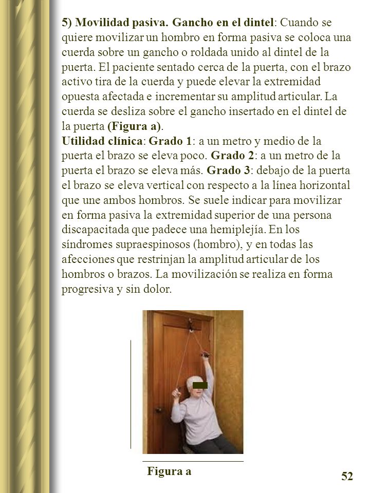 5) Movilidad pasiva. Gancho en el dintel: Cuando se quiere movilizar un hombro en forma pasiva se coloca una cuerda sobre un gancho o roldada unido al dintel de la puerta. El paciente sentado cerca de la puerta, con el brazo activo tira de la cuerda y puede elevar la extremidad opuesta afectada e incrementar su amplitud articular. La cuerda se desliza sobre el gancho insertado en el dintel de la puerta (Figura a).