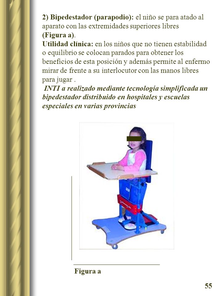 2) Bipedestador (parapodio): el niño se para atado al aparato con las extremidades superiores libres (Figura a).