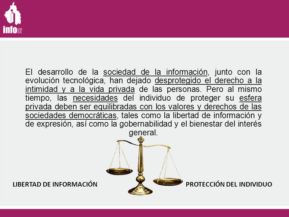 El desarrollo de la sociedad de la información, junto con la evolución tecnológica, han dejado desprotegido el derecho a la intimidad y a la vida privada de las personas. Pero al mismo tiempo, las necesidades del individuo de proteger su esfera privada deben ser equilibradas con los valores y derechos de las sociedades democráticas, tales como la libertad de información y de expresión, así como la gobernabilidad y el bienestar del interés general.
