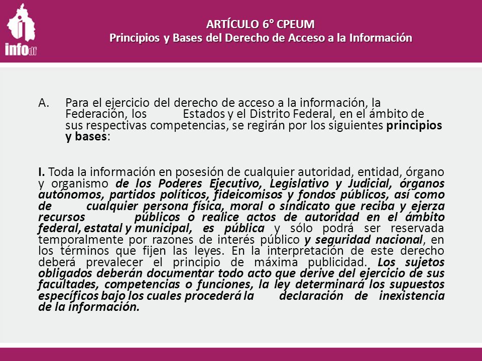 ARTÍCULO 6° CPEUM Principios y Bases del Derecho de Acceso a la Información
