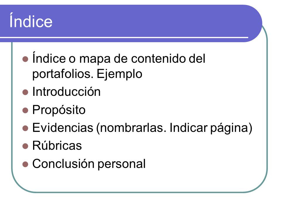 Índice Índice o mapa de contenido del portafolios. Ejemplo