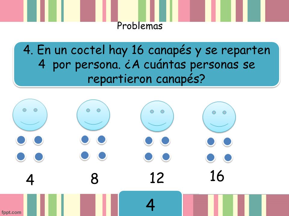 Problemas 4. En un coctel hay 16 canapés y se reparten 4 por persona. ¿A cuántas personas se repartieron canapés