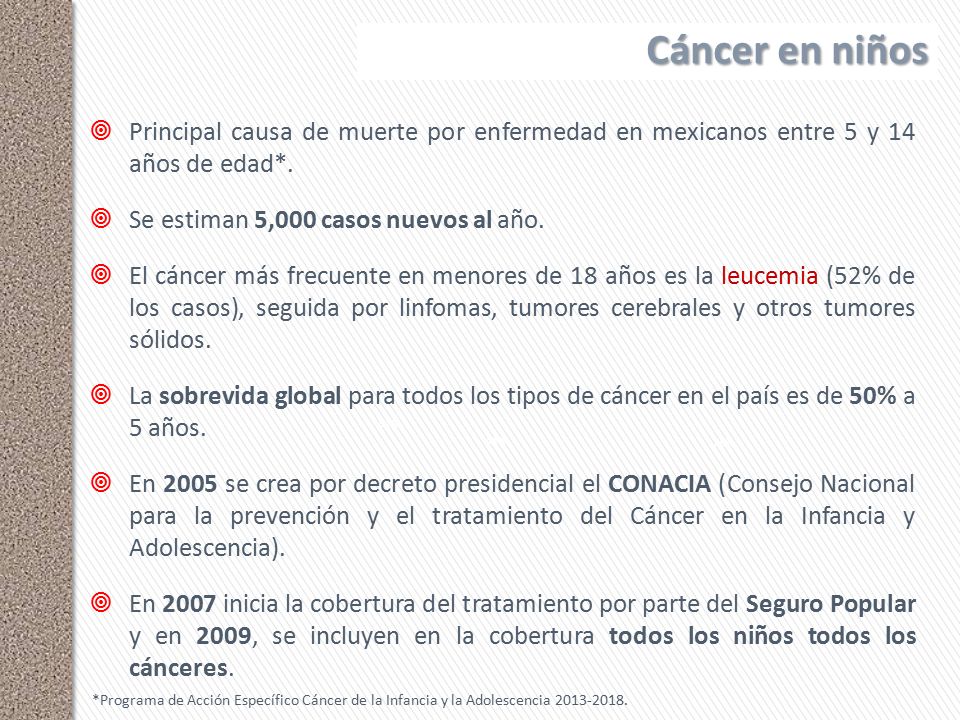 Cáncer en niños Principal causa de muerte por enfermedad en mexicanos entre 5 y 14 años de edad*. Se estiman 5,000 casos nuevos al año.