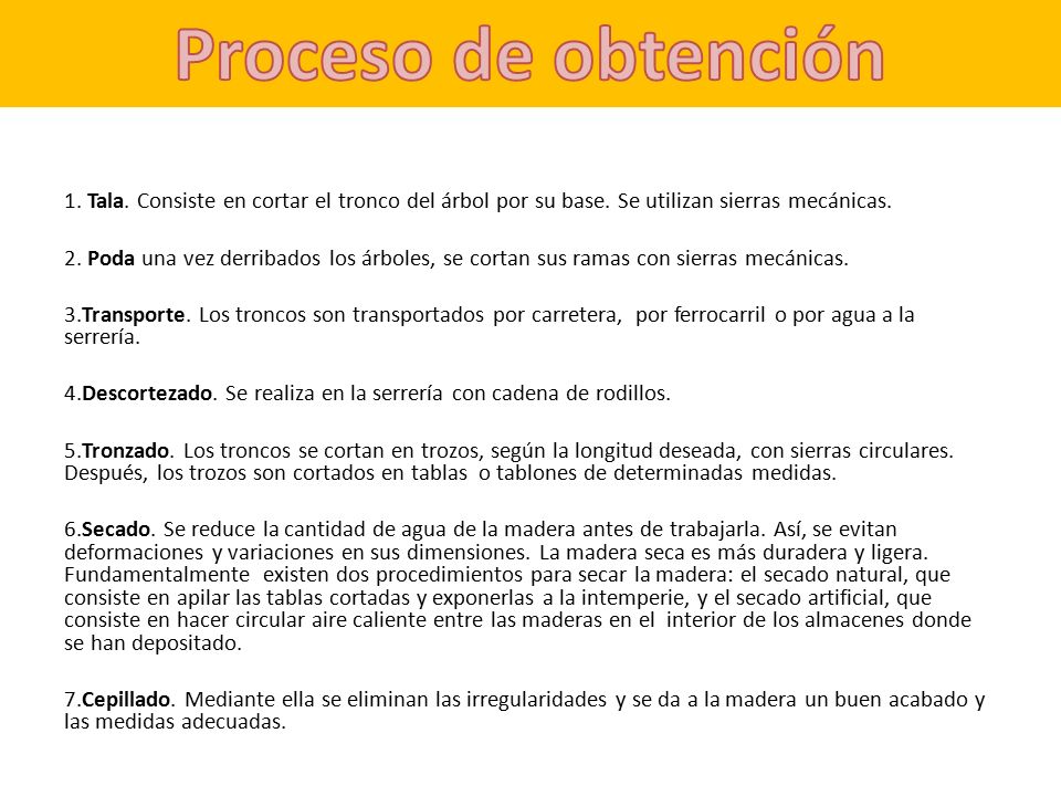 Proceso de obtención 1. Tala. Consiste en cortar el tronco del árbol por su base. Se utilizan sierras mecánicas.