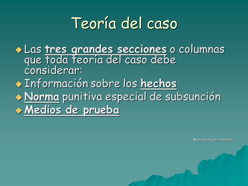 Teoría del caso Las tres grandes secciones o columnas que toda teoría del caso debe considerar: Información sobre los hechos.