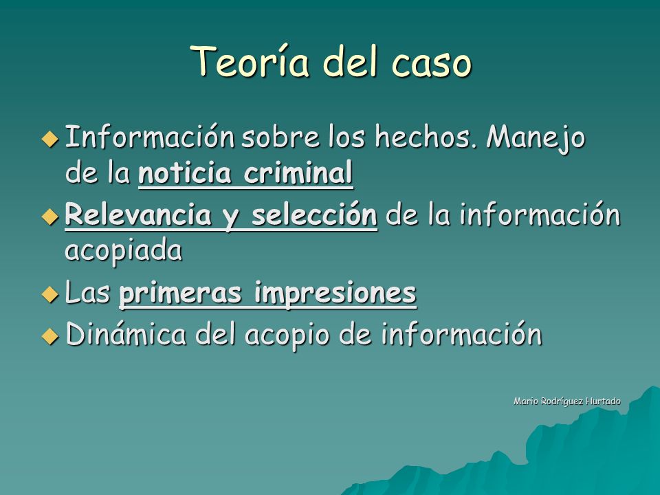 Teoría del caso Información sobre los hechos. Manejo de la noticia criminal. Relevancia y selección de la información acopiada.