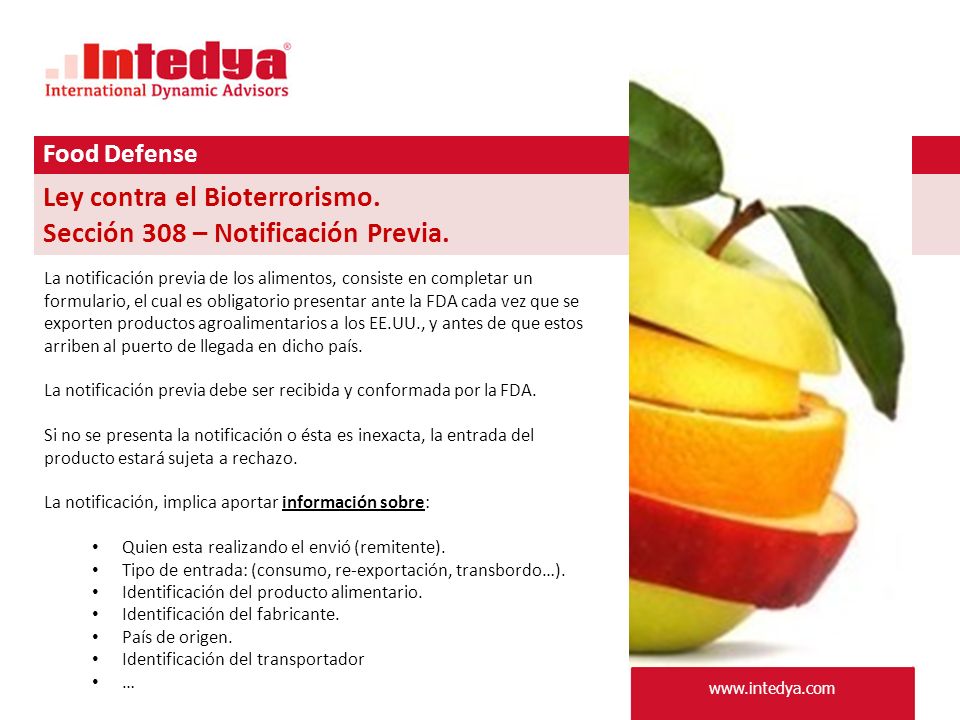 Ley contra el Bioterrorismo. Sección 308 – Notificación Previa.