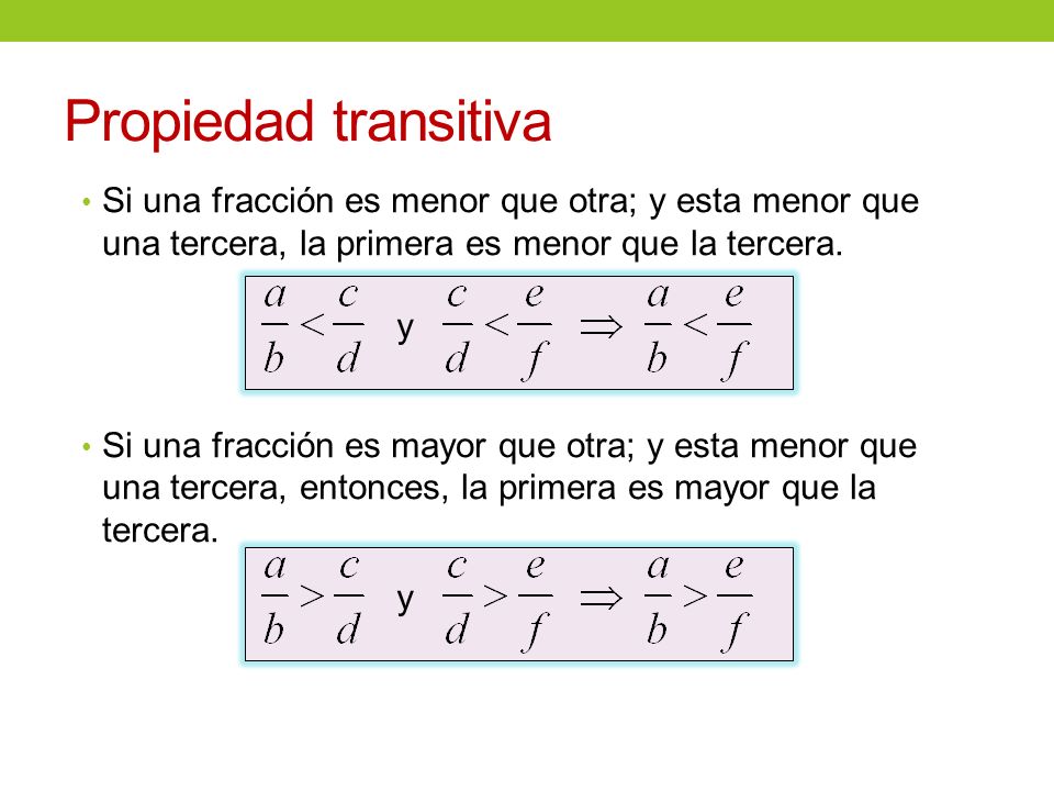 Propiedad transitiva Si una fracción es menor que otra; y esta menor que una tercera, la primera es menor que la tercera.