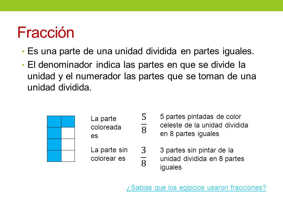 Fracción Es una parte de una unidad dividida en partes iguales.