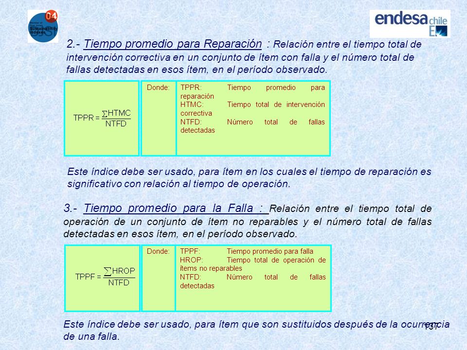 2.- Tiempo promedio para Reparación : Relación entre el tiempo total de intervención correctiva en un conjunto de ítem con falla y el número total de fallas detectadas en esos ítem, en el período observado.