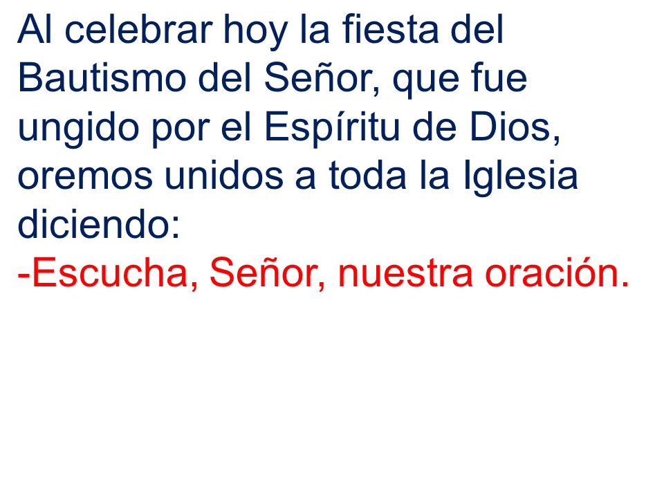 Al celebrar hoy la fiesta del Bautismo del Señor, que fue ungido por el Espíritu de Dios, oremos unidos a toda la Iglesia diciendo: