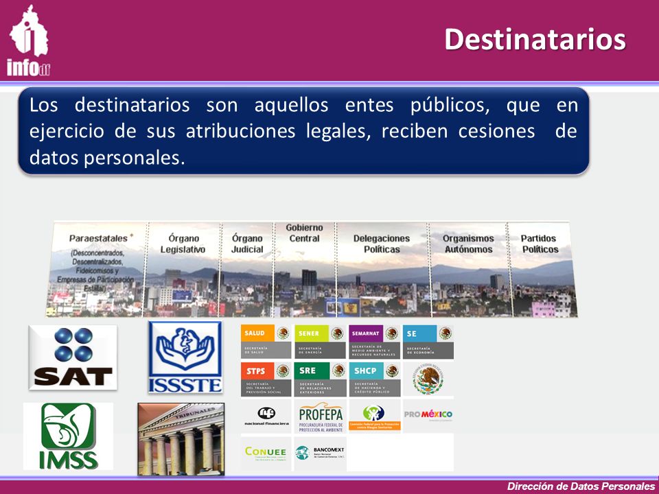 Destinatarios Los destinatarios son aquellos entes públicos, que en ejercicio de sus atribuciones legales, reciben cesiones de datos personales.