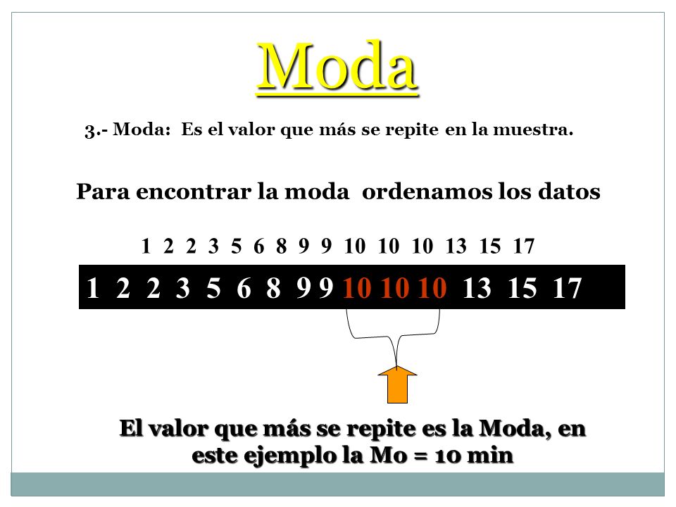 Moda 3.- Moda: Es el valor que más se repite en la muestra. Para encontrar la moda ordenamos los datos.