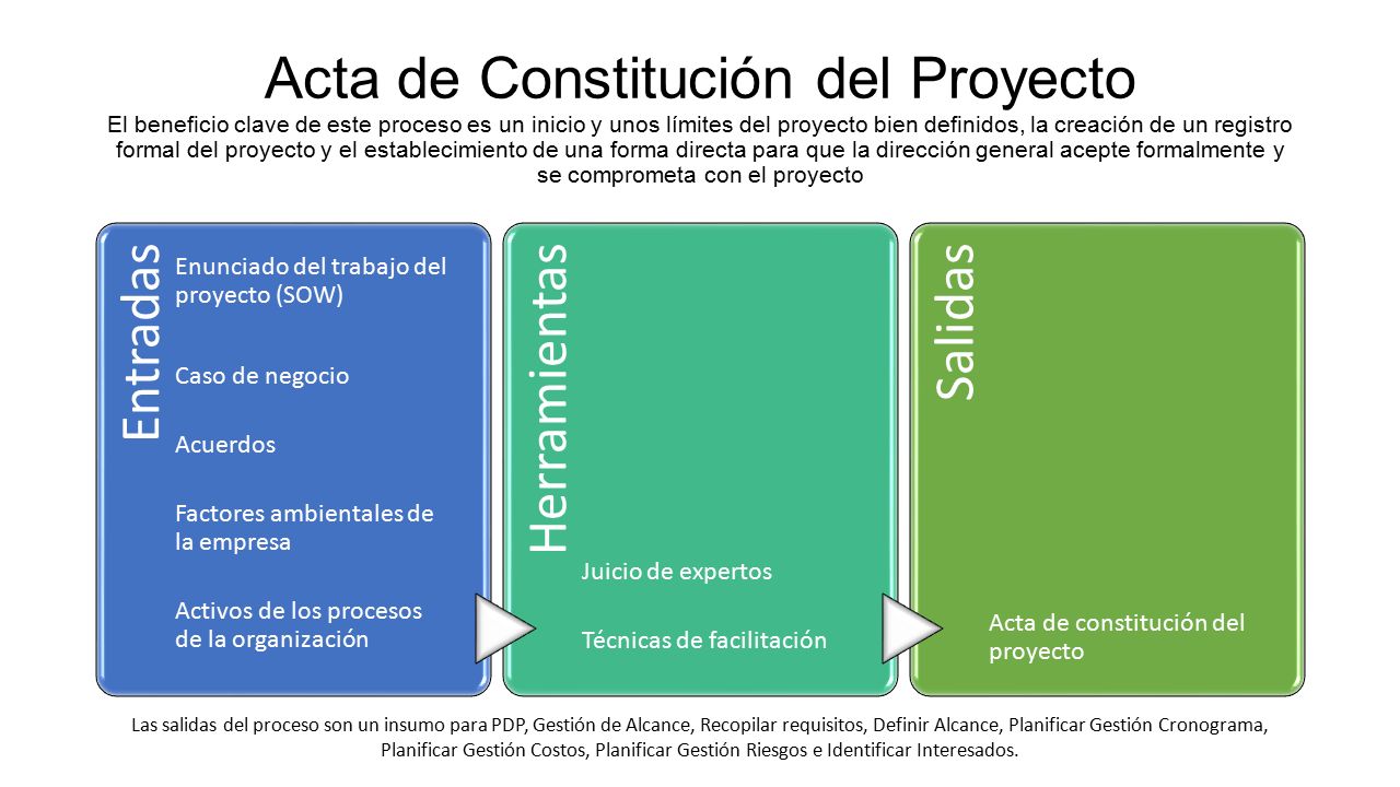 Acta de Constitución del Proyecto El beneficio clave de este proceso es un inicio y unos límites del proyecto bien definidos, la creación de un registro formal del proyecto y el establecimiento de una forma directa para que la dirección general acepte formalmente y se comprometa con el proyecto