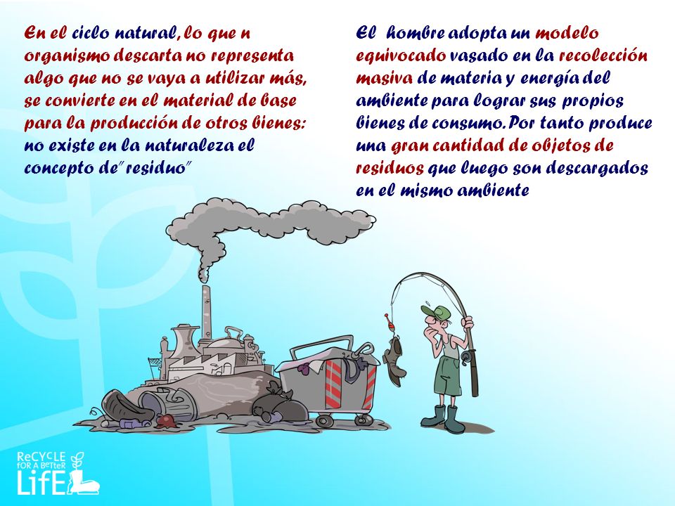 En el ciclo natural, lo que n organismo descarta no representa algo que no se vaya a utilizar más, se convierte en el material de base para la producción de otros bienes: no existe en la naturaleza el concepto de residuo