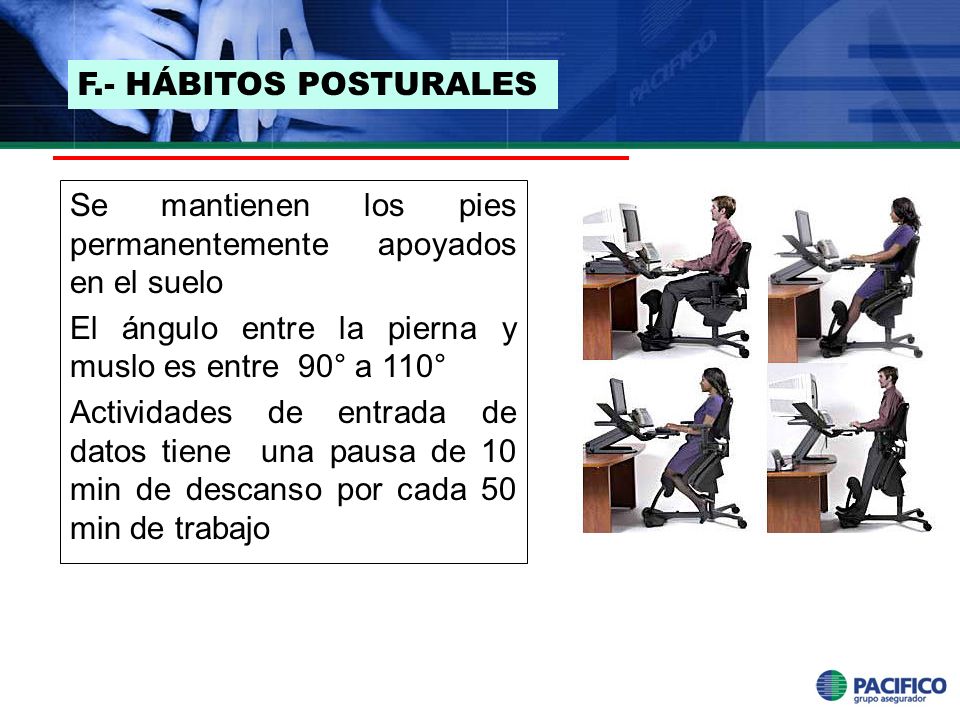 F.- HÁBITOS POSTURALES Se mantienen los pies permanentemente apoyados en el suelo. El ángulo entre la pierna y muslo es entre 90° a 110°