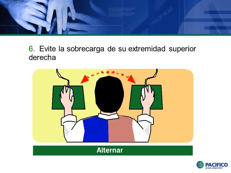 6. Evite la sobrecarga de su extremidad superior derecha