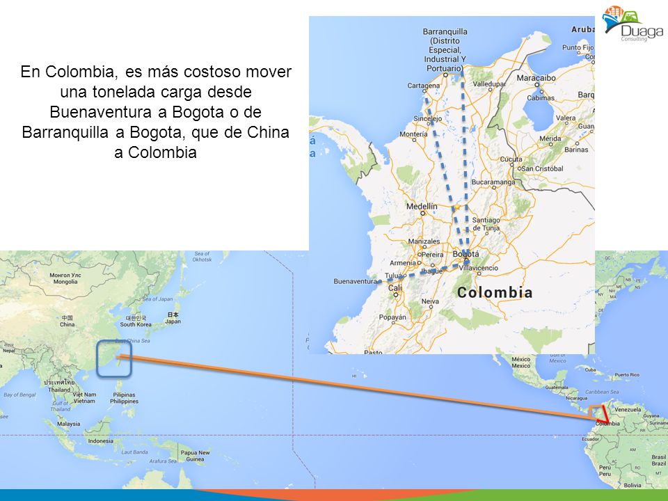 En Colombia, es más costoso mover una tonelada carga desde Buenaventura a Bogota o de Barranquilla a Bogota, que de China a Colombia