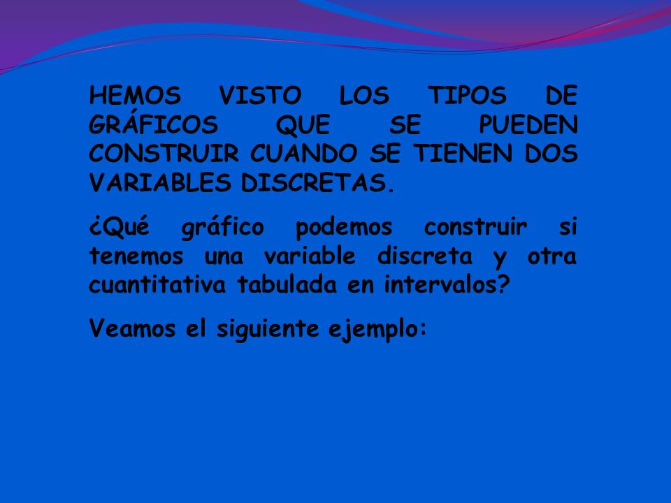 HEMOS VISTO LOS TIPOS DE GRÁFICOS QUE SE PUEDEN CONSTRUIR CUANDO SE TIENEN DOS VARIABLES DISCRETAS.