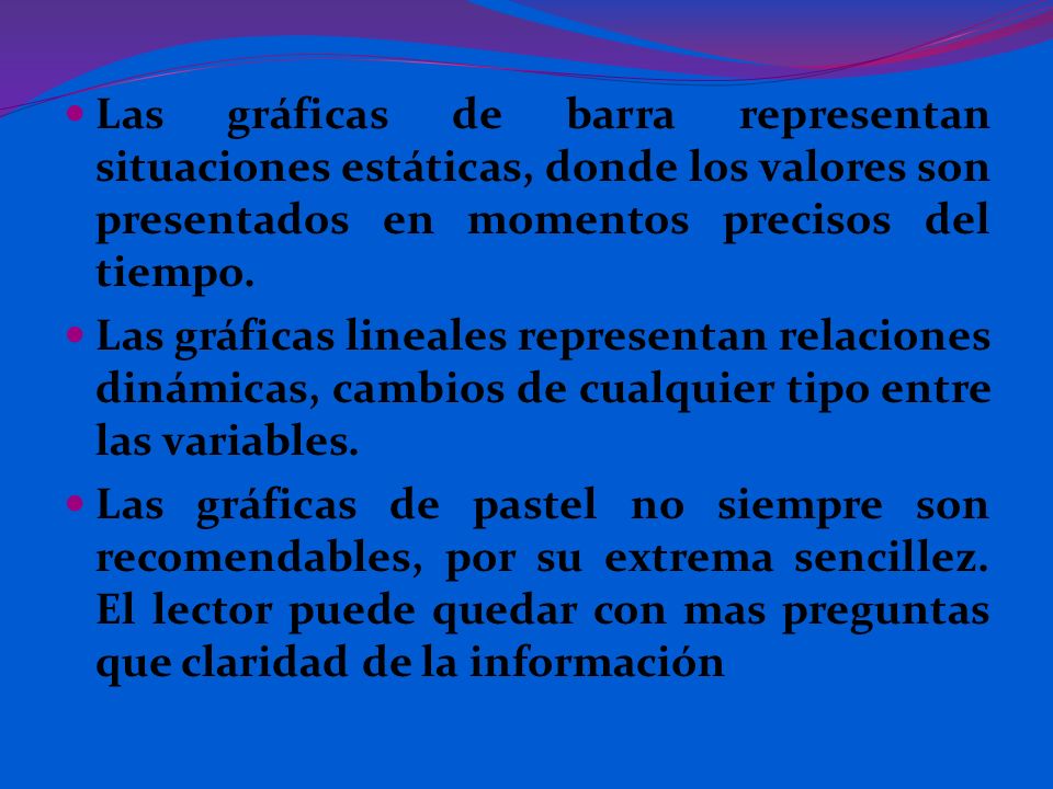 Las gráficas de barra representan situaciones estáticas, donde los valores son presentados en momentos precisos del tiempo.