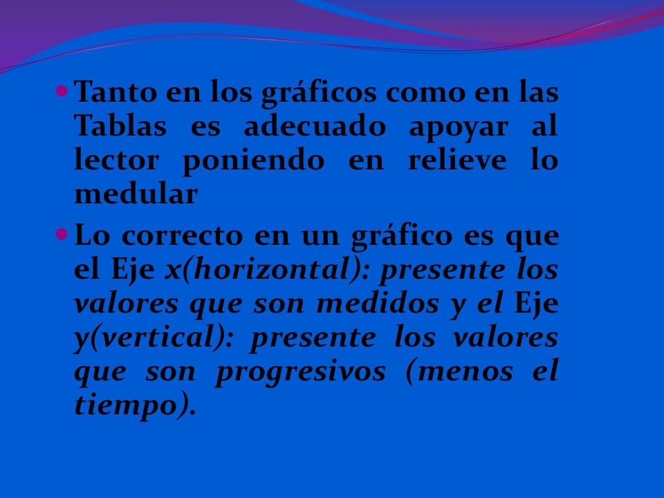 Tanto en los gráficos como en las Tablas es adecuado apoyar al lector poniendo en relieve lo medular