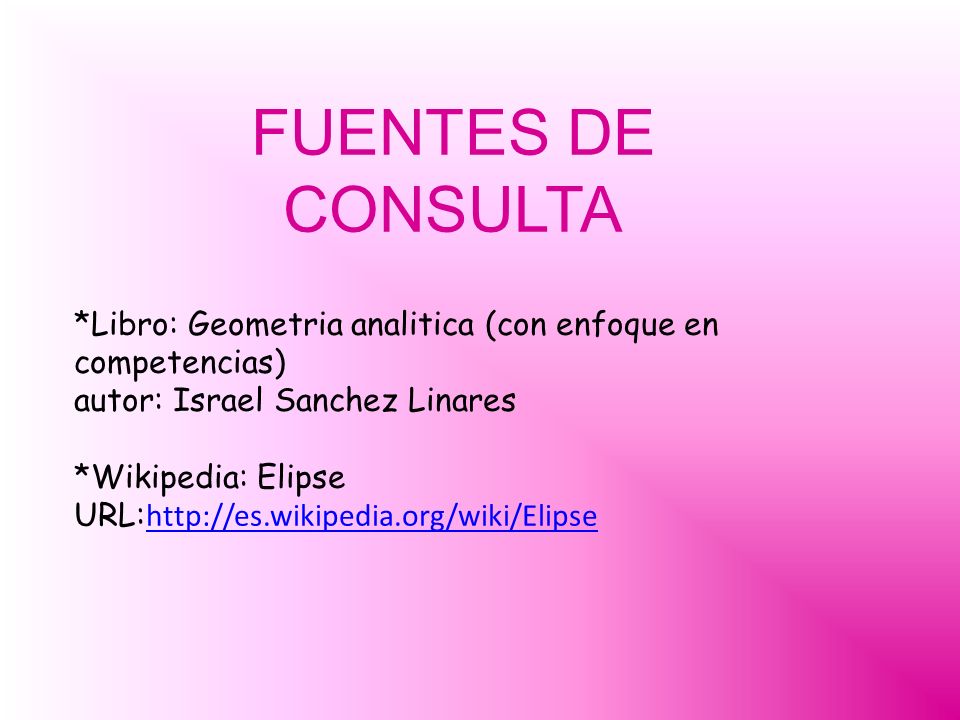 FUENTES DE CONSULTA *Libro: Geometria analitica (con enfoque en competencias) autor: Israel Sanchez Linares.