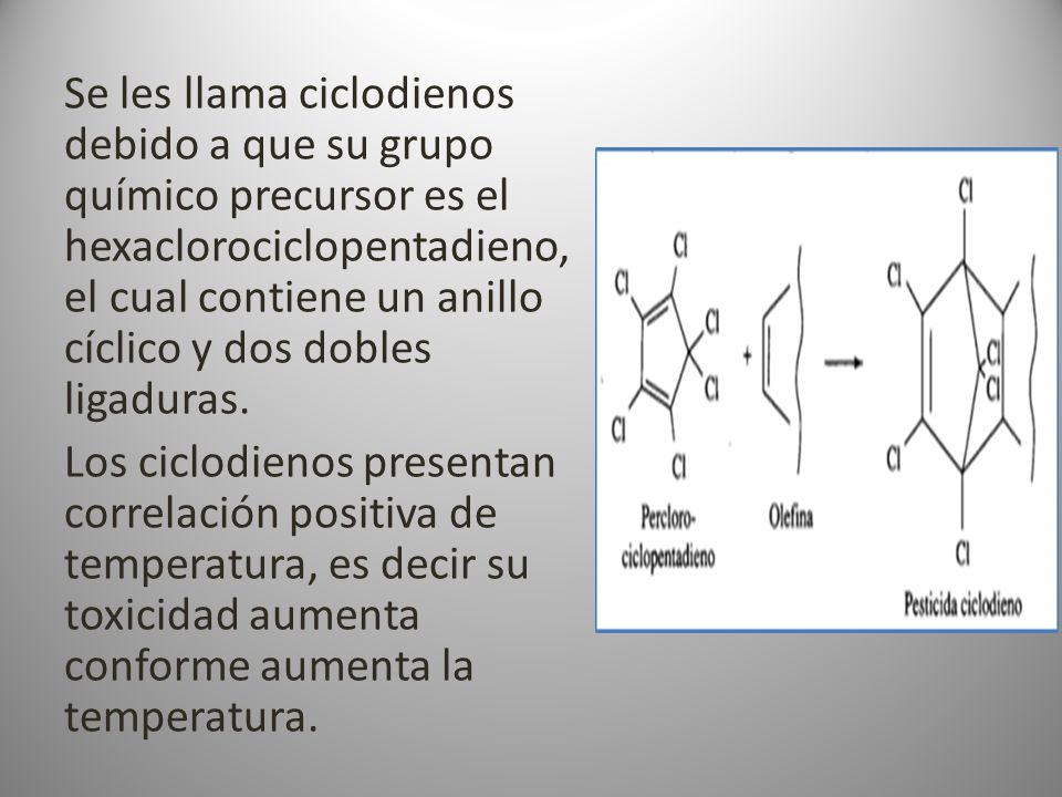 Se les llama ciclodienos debido a que su grupo químico precursor es el hexaclorociclopentadieno, el cual contiene un anillo cíclico y dos dobles ligaduras.