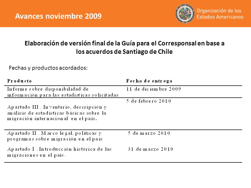 Avances noviembre 2009 Elaboración de versión final de la Guía para el Corresponsal en base a. los acuerdos de Santiago de Chile.
