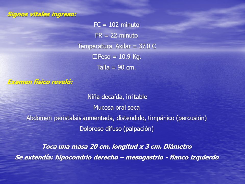 Signos vitales ingreso: FC = 102 minuto FR = 22 minuto