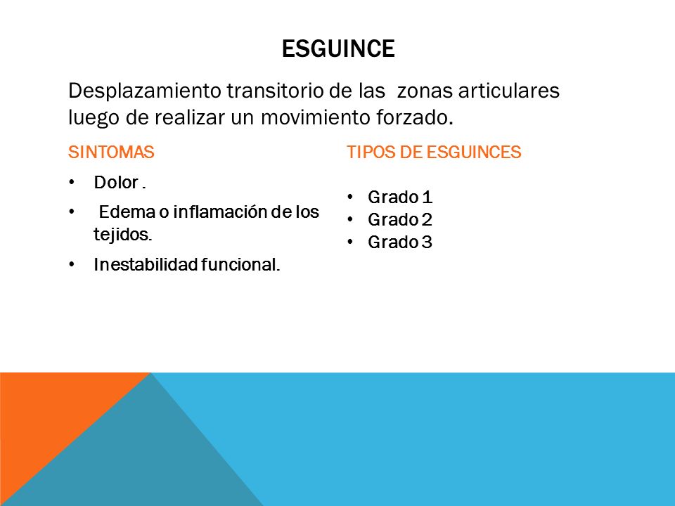 ESGUINCE Desplazamiento transitorio de las zonas articulares luego de realizar un movimiento forzado.