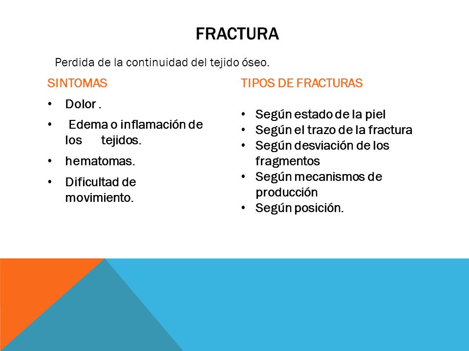FRACTURA SINTOMAS Dolor . Edema o inflamación de los tejidos.
