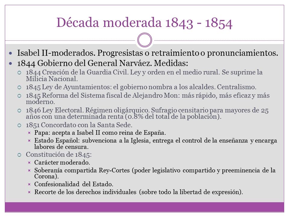 Década moderada Isabel II-moderados. Progresistas o retraimiento o pronunciamientos Gobierno del General Narváez. Medidas: