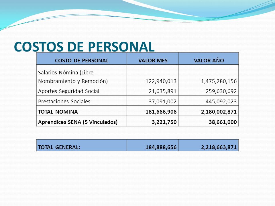 COSTOS DE PERSONAL COSTO DE PERSONAL VALOR MES VALOR AÑO