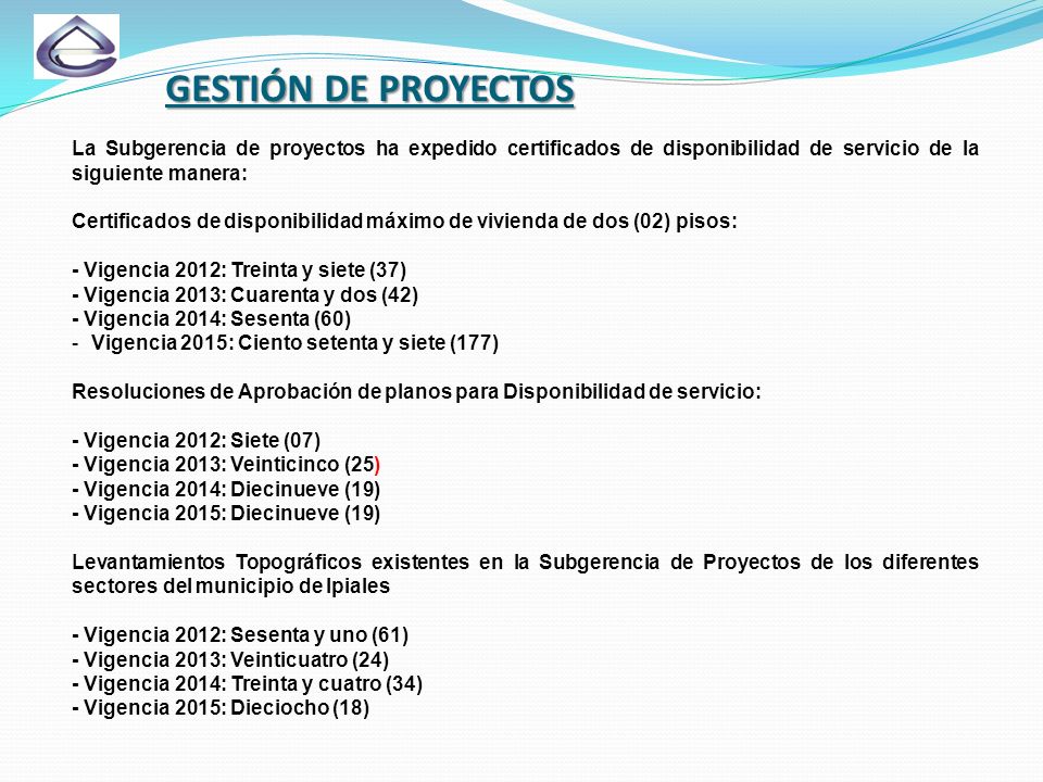 GESTIÓN DE PROYECTOS La Subgerencia de proyectos ha expedido certificados de disponibilidad de servicio de la siguiente manera: