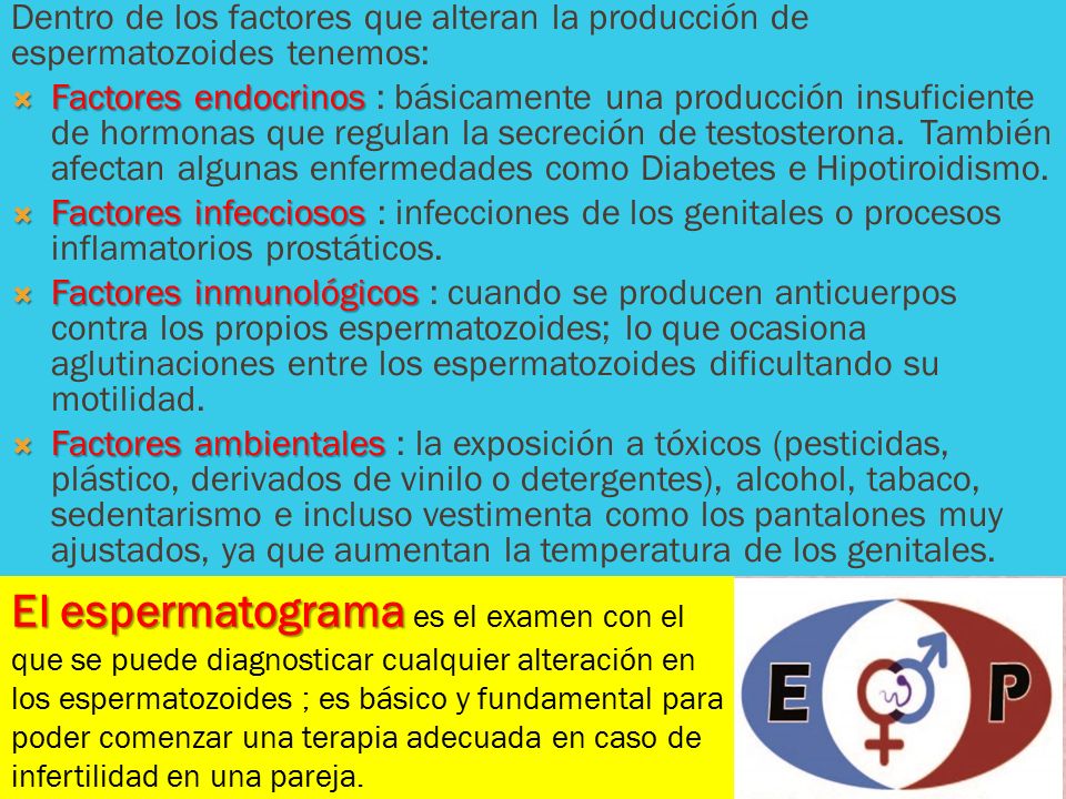 Dentro de los factores que alteran la producción de espermatozoides tenemos: