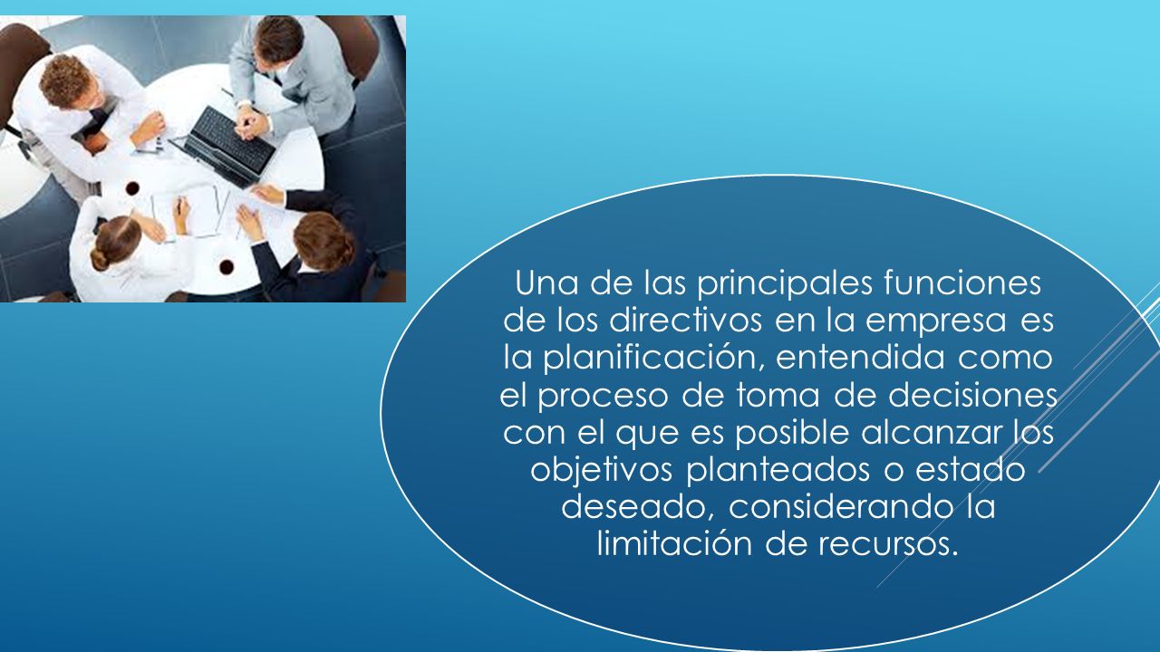 Una de las principales funciones de los directivos en la empresa es la planificación, entendida como el proceso de toma de decisiones con el que es posible alcanzar los objetivos planteados o estado deseado, considerando la limitación de recursos.