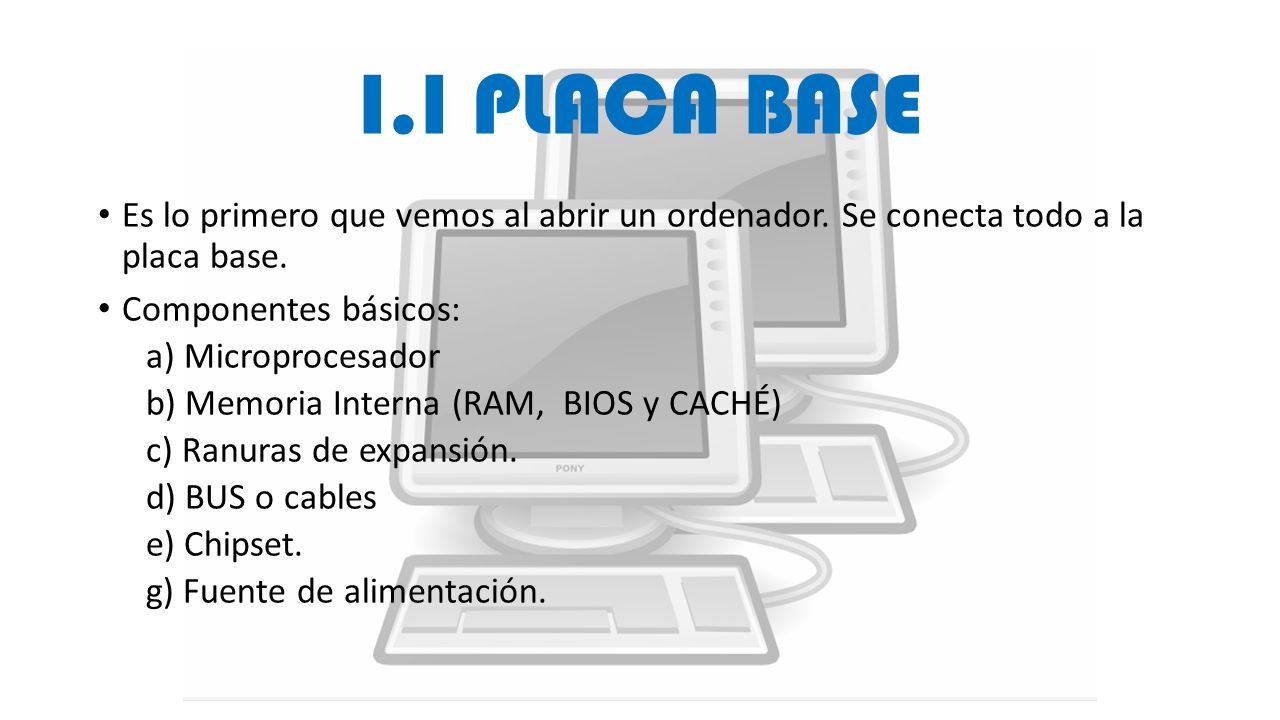 I.I PLACA BASE Es lo primero que vemos al abrir un ordenador. Se conecta todo a la placa base. Componentes básicos: