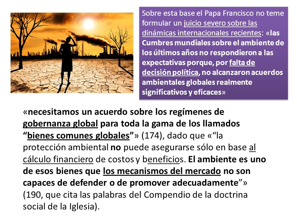 Sobre esta base el Papa Francisco no teme formular un juicio severo sobre las dinámicas internacionales recientes: «las Cumbres mundiales sobre el ambiente de los últimos años no respondieron a las expectativas porque, por falta de decisión política, no alcanzaron acuerdos ambientales globales realmente significativos y eficaces»